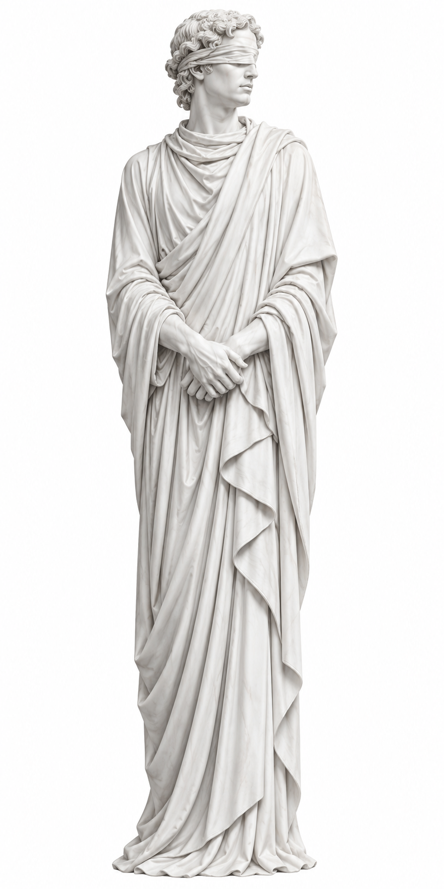 A tall blindfolded marble oracle in flowing robes, facing the artwork